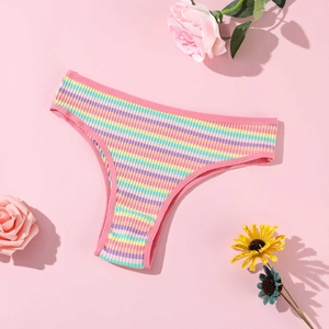 Colorful striped cotton ribbed panties for women with breathable mid-waist design