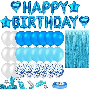 Set di palloncini blu Happy Birthday con stelle e tenda di frange per compleanno
