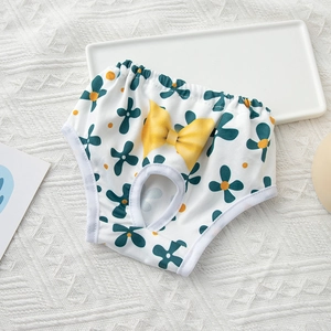 Cute floral pet physiological pants for small dogs with yellow bow and elastic waist