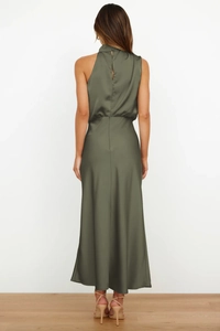 Detail of elegant dark green satin maxi dress showing the back view and single button closure