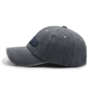 Vintage washed dark grey baseball cap with letter embroidery and curved brim for outdoor use