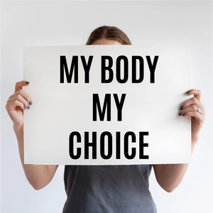 Close-up of 3-inch white DIY letter sticker showing MY BODY MY CHOICE slogan