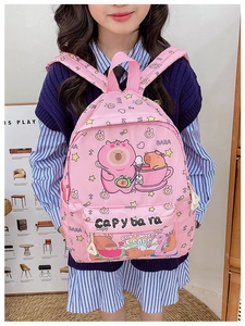 Pink toddler backpack with Capybara print worn by a child in a home setting