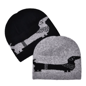 Winter knitted beanie hats in black and grey featuring a dachshund jacquard pattern