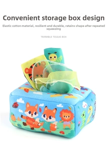 Detail of baby plush tissue box toy with soft elastic cotton and sensory fabrics