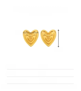 Detail view of 18K gold plated heart stud earrings with size specs and ripple texture
