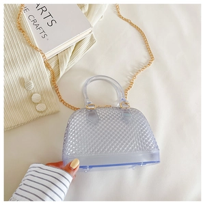 Detail of transparent blue PVC shell bag with quilted texture and gold chain strap