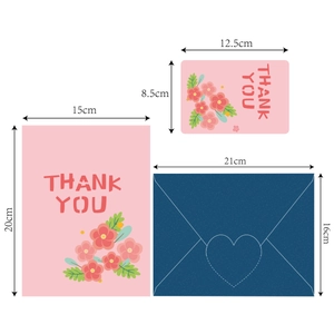 Pink floral Thank You card set with dimensions including envelopes and message cards