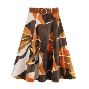 Dames Midi Rok Hoge Taille A-Lijn Boho Abstracte Print Polyester Met Kunstlederen Riem Streetwear