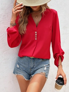 Blusa De Mujer Cuello En V Manga Larga Color Sólido Poliéster Botones Decorativos Oficina Top Suelto