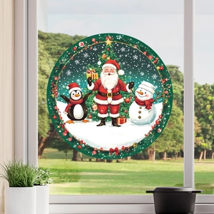 Close-up of circular Santa Claus, penguin and snowman static window sticker decor