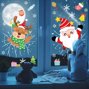 3D Christmas window stickers featuring Santa Claus, reindeer, and snowflakes for decor
