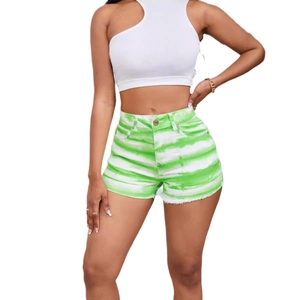 Chic green and white tie-dye denim shorts for women featuring mid-waist casual style