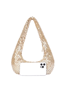 Golden mesh sequin hobo bag for women with metallic zipper and elegant drop shape
