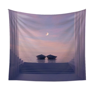 Surrealist sunset tapestry with purple ocean and moonlit boats for wall decor