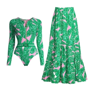 Women's long sleeve palm leaf print swimsuit and high waist maxi skirt beach set