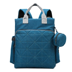 Blue quilted diaper backpack with large capacity and matching small round pouch for travel