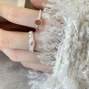 925 Sterling Silver Open Rings For Women Minimalist Adjustable Strawberry Quartz Rainbow Stone Simple Daily Fashion Hand Jewelry