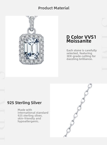 Detail of 1ct emerald cut moissanite pendant in S925 silver with D VVS1 clarity specs