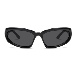 Futuristic cyberpunk wraparound sunglasses with black frame and dark grey lenses for sports