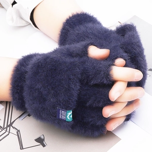 Gants en Peluche Chauds d'Hiver pour Femmes Sans Doigts à Rabat Épaissis Protection Contre le Froid Extérieur Écriture Écran Tactile Moufles Thermiques
