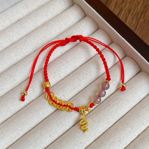 Macro d'un bracelet tressé rouge avec breloque serpent dorée et pièces porte-bonheur