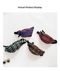Detailed flat lay of plaid kids' chest bags in four patterns with adjustable straps