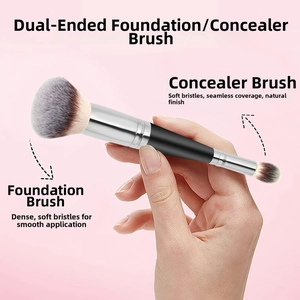 Double-ended makeup brush with soft fibers for seamless foundation and concealer blending