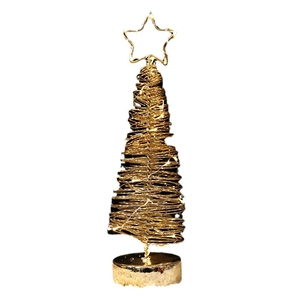 Golden iron wire Christmas tree ornament with LED lights and star topper on white background