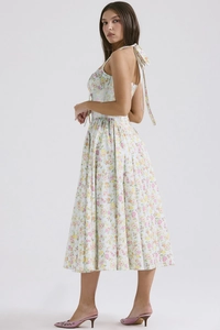 Detail of cross-back tie design and floral print on a summer halter neck midi dress