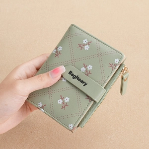 Women Short Wallet PU Leather Floral Print Grid Pattern Zipper Coin Pocket Card Slots Bifold Purse For Daily Use
