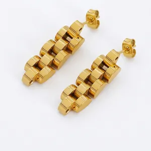 Stainless Steel Watchband Link Drop Ohrringe 18K Vergoldet Geometrisch Texturiert Trendiger Schmuck Für Damen