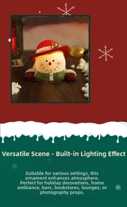 Close-up of a glowing Christmas snowman resin figurine with warm light effects and red hat