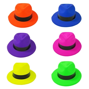 Fluorescent party hat set in six vibrant colors with black ribbon band decoration