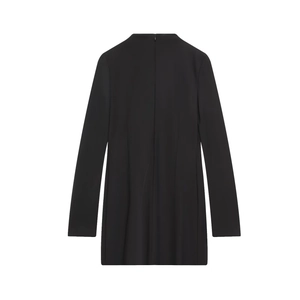Women's black long sleeve short dress featuring a ruched neckline and slim fit silhouette