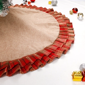 Scottish burlap Christmas tree skirt with red plaid ruffled edge and rustic linen texture