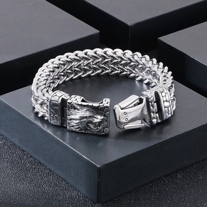 Bracelet Homme Acier Inoxydable 316L Fermoir Tête De Loup Chaîne Tressée Punk Heavy Metal Gothique Bijoux Style Motard
