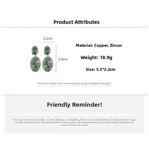 Detailed view of green zircon flower drop earrings with size specs and copper frame