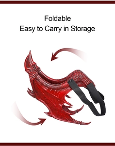 Detail of red dragon wings showing foldable design and elastic straps for kids cosplay