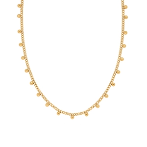 Macro shot of gold-plated titanium necklace with tiny bead pendants and delicate chain