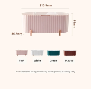 Detailed size specifications of the striped desktop organizer in four elegant color options