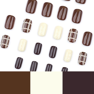 Short square dark brown solid color and plaid pattern press-on nails with 3D relief texture