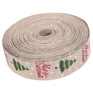 Ruban de Noël en lin beige avec sapins verts et texte pour décoration de sapin festif