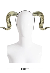 Front view of realistic curved sheep horn headband for Halloween cosplay on white background