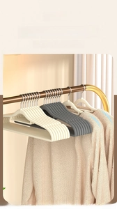 Ergonomic flocked hangers with non-slip texture preventing shoulder bumps on sweaters