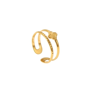 Vintage golden stainless steel open crown ring with four-leaf clover floral motif