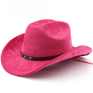 Close-up of pink suede cowboy hat with brown leather band and turquoise beads detail