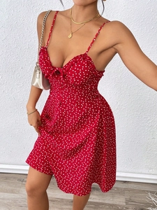 Rotes Herz Print Mini Trägerkleid Polyester Elasthan V Ausschnitt Volant Saum Rückenfrei Slim Fit Schleife Französischer Sexy Stil