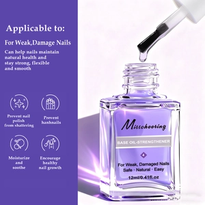 Macro view of Misscheering nail strengthener base oil in clear square glass bottle