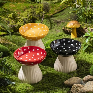 Ceramic Mushroom Shaped Cat Bowl Elevated Pet Food Water Dish Neck Protection Polka Dot Design Slanted Mouth Small Dogs